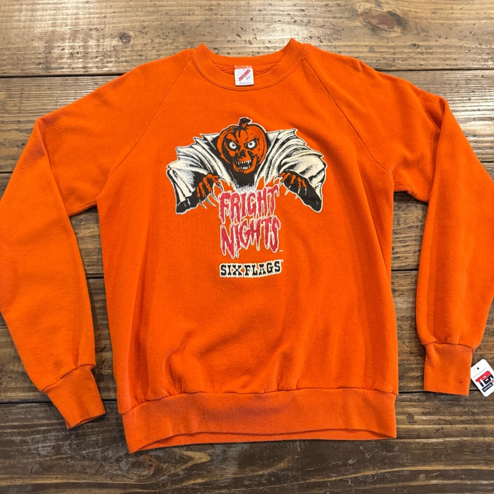 Six Flags Halloween Fright Nights Pumpkin Head 80’s-90’s Orange Sweatshirt Large